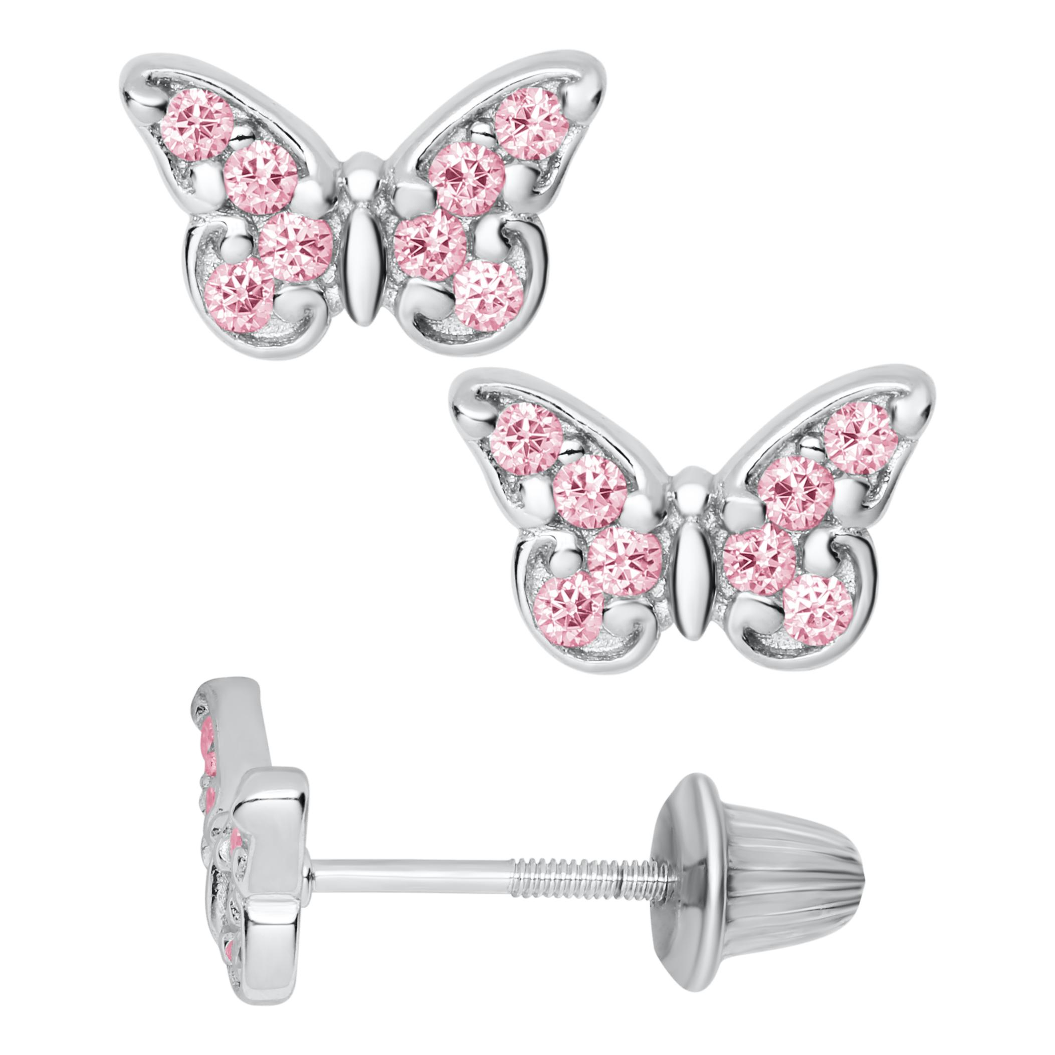 Pink Butterfly Stud Earrings in Sterling Silver