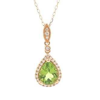 14K Yellow Gold Pear Peridot Halo Pendant, 0.11ctw Diamonds