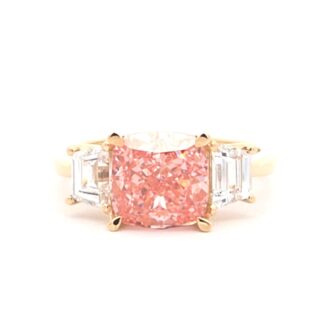 14K Yellow Gold 3-Stone Pink & White Lab Diamond Ring