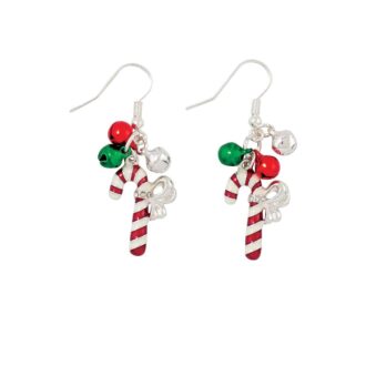 Silver Enamel Candy Cane Dangle Earrings with Jingling Bells