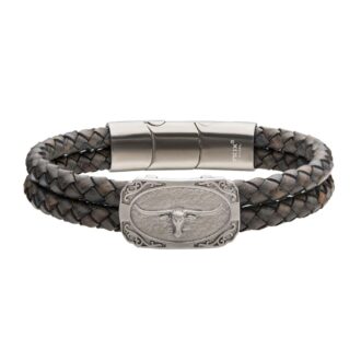 Inox Men's Gray Leather Stainless Steel Longhorn Bracelet