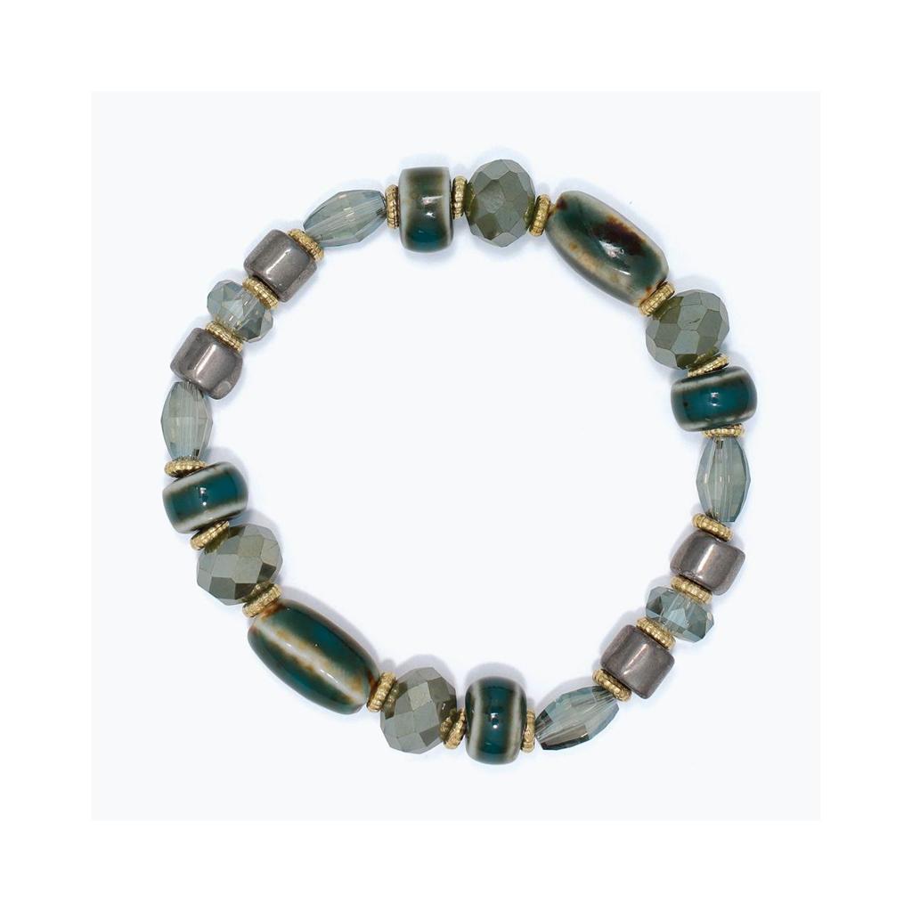 Green Ceramic & Crystal Bead Stretch Bracelet, Yellow