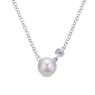 Gabriel Pearl and Diamond Bezel Pendant with .02ct in Sterling Silver