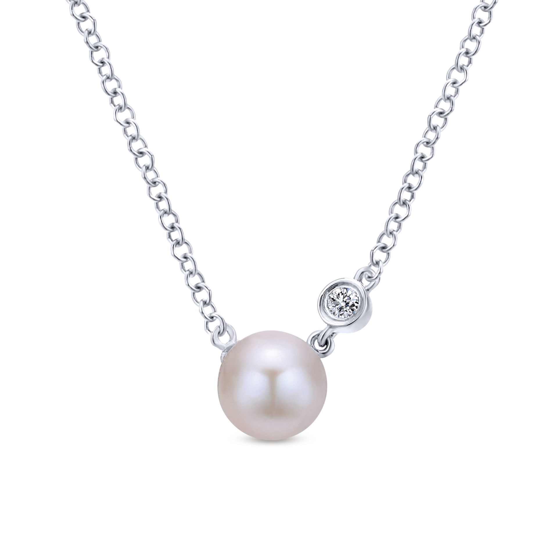 Gabriel Pearl and Diamond Bezel Pendant with .02ct in Sterling Silver