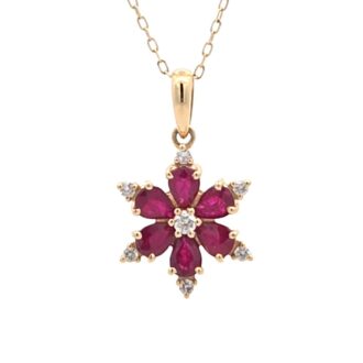 Flower Pendant with Pear Ruby & .12ctw Diamonds in 14k Gold