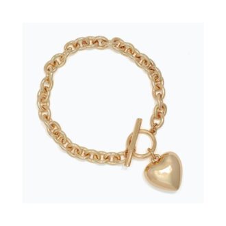 Gold Tone Open Link T-Bar Heart Charm Bracelet
