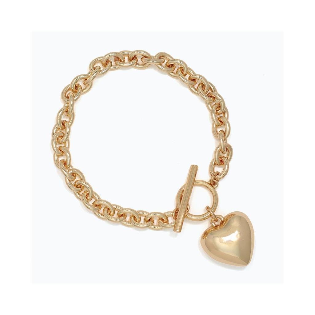 Gold Tone Open Link T-Bar Heart Charm Bracelet