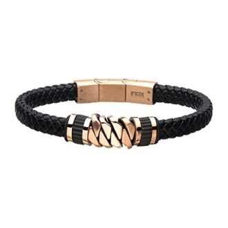 Inox Men's Stainless Steel Rose Gold Plated Serrated Braided Leather Bracelet.8 1/2 inch long includes 0.5 Self Adjustable Link