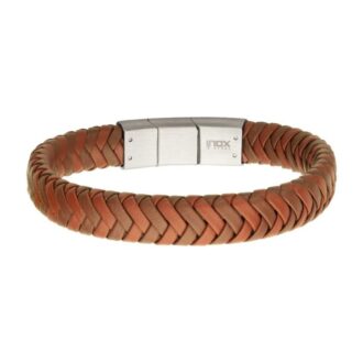 Inox Men's Brown Leather Bracelet in Stainless Steel