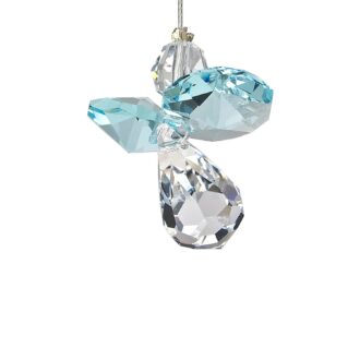 This March birthstone inspired figurine portrays an angelic protector made of shimmering crystal. Displaying aquamarine accents symbolizing serenity and intellect innate to those born in this month. Perfect as a heavenly keepsake, brimming with intricate details, pleasing those seeking angelic protection or celebrating a birthday in March. Beautifully exhibits tranquility and support that guardian angels represent.