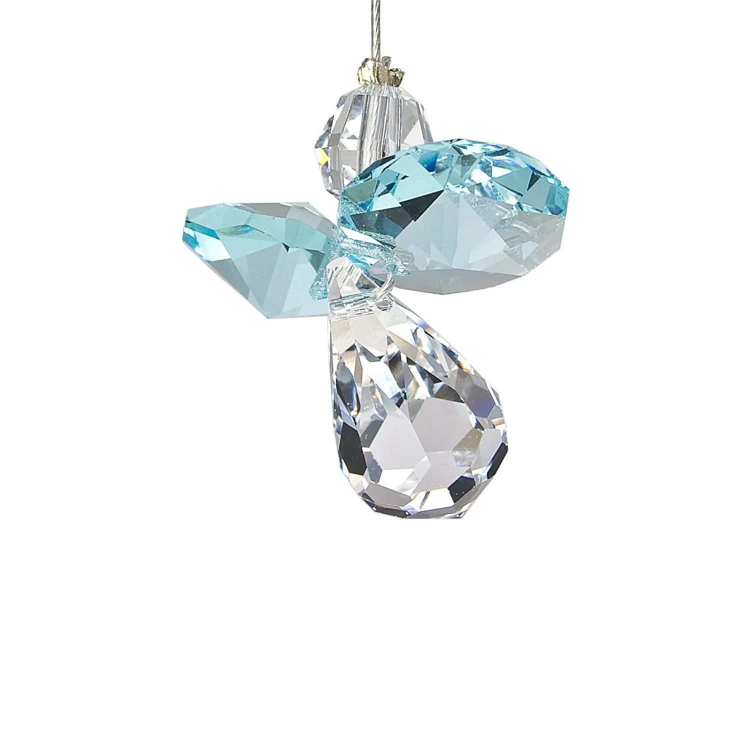This March birthstone inspired figurine portrays an angelic protector made of shimmering crystal. Displaying aquamarine accents symbolizing serenity and intellect innate to those born in this month. Perfect as a heavenly keepsake, brimming with intricate details, pleasing those seeking angelic protection or celebrating a birthday in March. Beautifully exhibits tranquility and support that guardian angels represent.