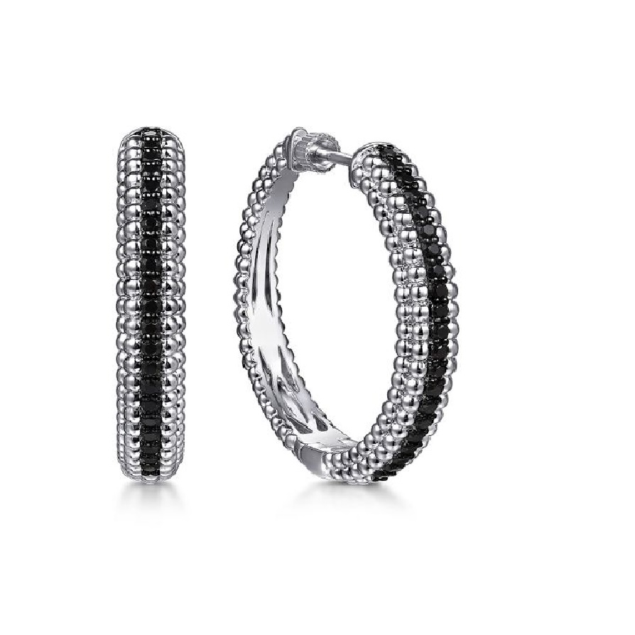 Gabriel Sterling Silver Bujukan Classic Hoop Earrings with Black Spinel