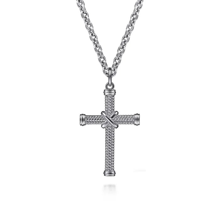 Gabriel Twisted Rope Cross Necklace in Sterling Silver