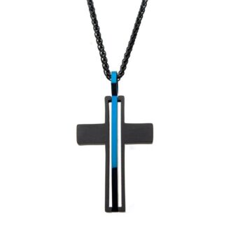 Inox Men's Cross Necklace in Blue & Black Stainless Steel