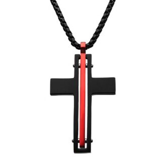 Inox Men's Cross Necklace in Black & Red Stainless Steel