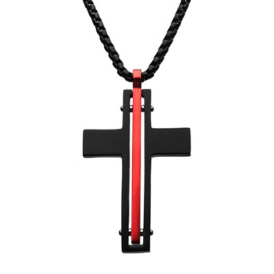 Inox Men's Cross Necklace in Black & Red Stainless Steel