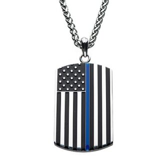 Stainless Steel with Thin Blue Line American Flag Police Officer Military Style Dog Tag Enamel Pendant with Steel Wheat Chain. 24 inch long
