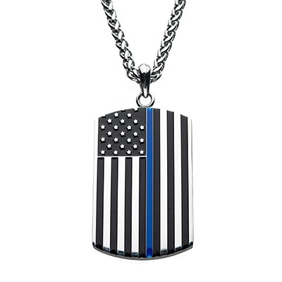 Stainless Steel with Thin Blue Line American Flag Police Officer Military Style Dog Tag Enamel Pendant with Steel Wheat Chain. 24 inch long