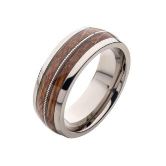 INOX Men's 8mm Whiskey Barrel Wood Inlay Comfort Fit Ring