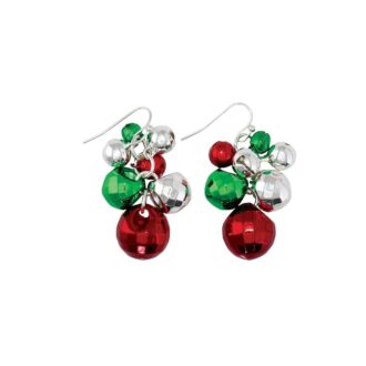 Festive Silver, Red & Green Jingle Bell Dangle Earrings