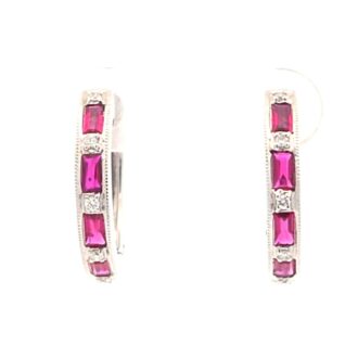 14K White Gold Ruby & Diamond Huggie Hoops .09ctw