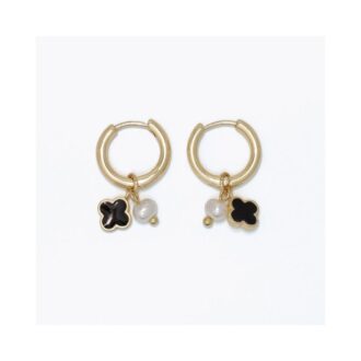 Yellow & Black Enamel Clover Pearl Dangle Huggie Earrings