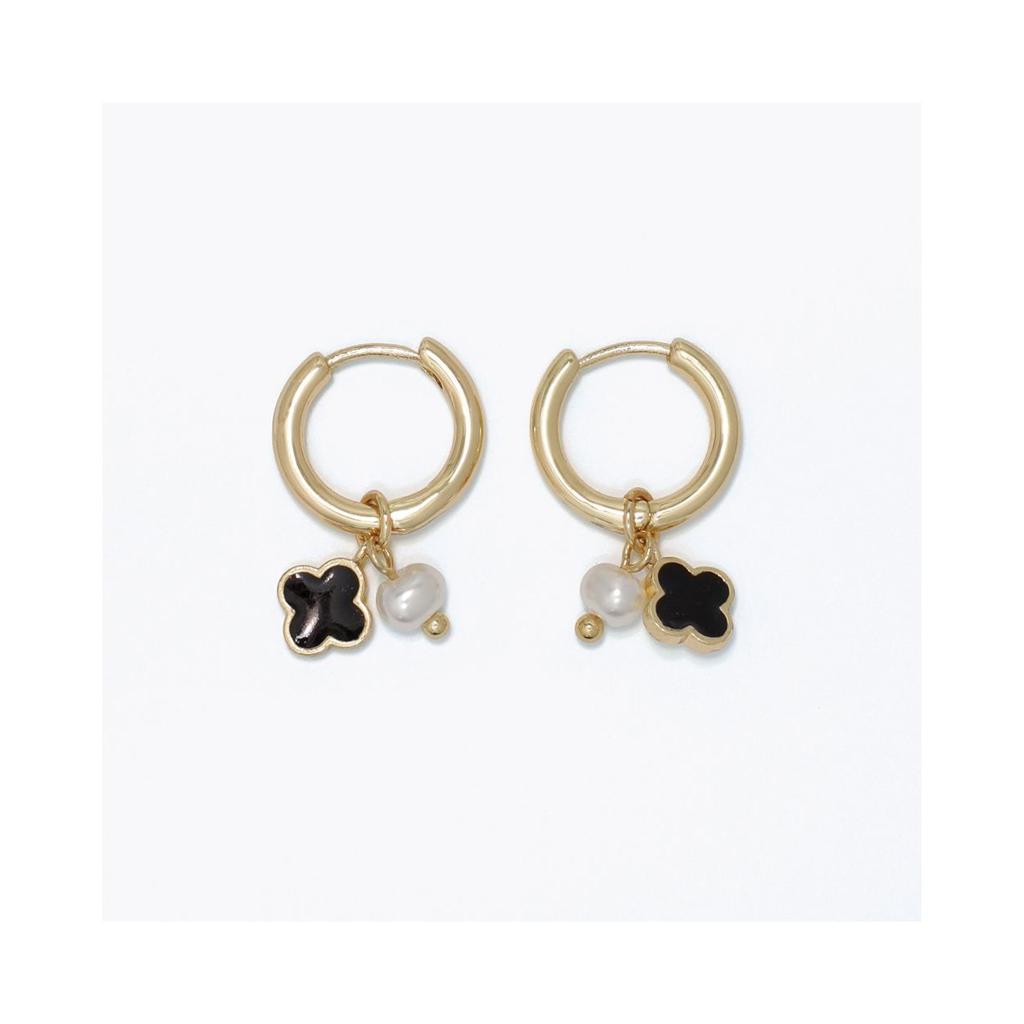 Yellow & Black Enamel Clover Pearl Dangle Huggie Earrings