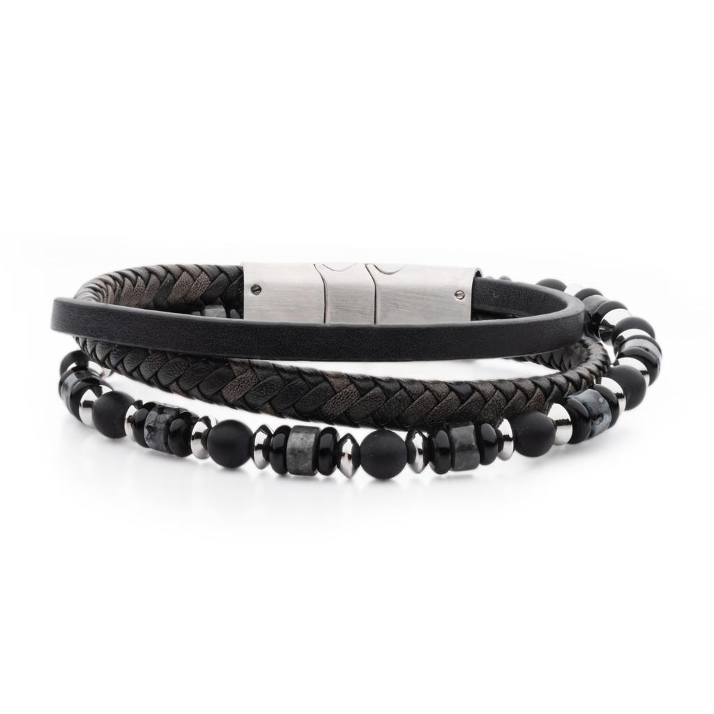 Inox Men's Black-Grey Leather Onyx & Howlite Bracelet