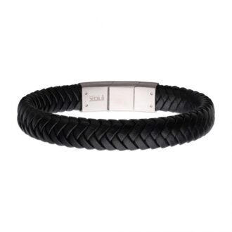 Inox Men's Black Leather Bracelet in Stainless Steel