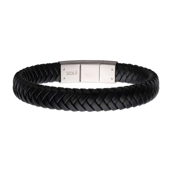 Inox Men's Black Leather Bracelet in Stainless Steel
