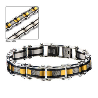 Showcase effortless style with this dual-sided reversible bracelet, thoughtfully crafted from stainless steel. Half of the design features sleek black plating while the flip side displays a refined gold-plated and steel mesh combination. With a self-adjustable length of 7 3/4 inches, this versatile accessory is found in INOX's 20th catalogue on page 11.
