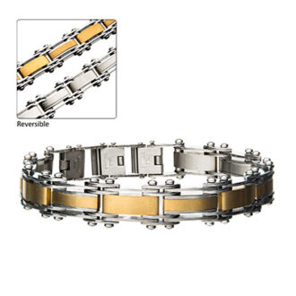 Adorn your wrist with this elegant piece in steel, beaming in gold plating, designed comfortably for an 8 1/4 inch wrist. A versatile expression of style, it effortlessly flips between two attractive sides. Convenience meets luxurious design in this adjustable piece, allowing an extra 0.5-inch link for optimal fitting. Indulge in this touch of opulence.