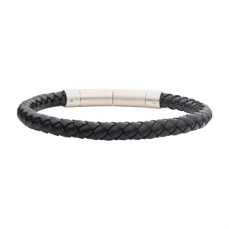 INOX Men's Stainless Steel Black Leather Bracelet