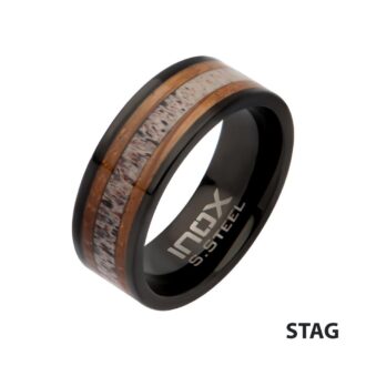 INOX 8mm Black Stainless Deer Antler & Sapele Wood Band