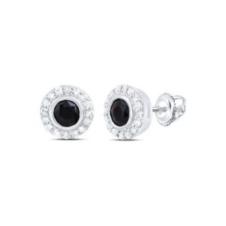 Black Onyx Halo Stud Earrings .10ctw Diamonds 10k White Gold