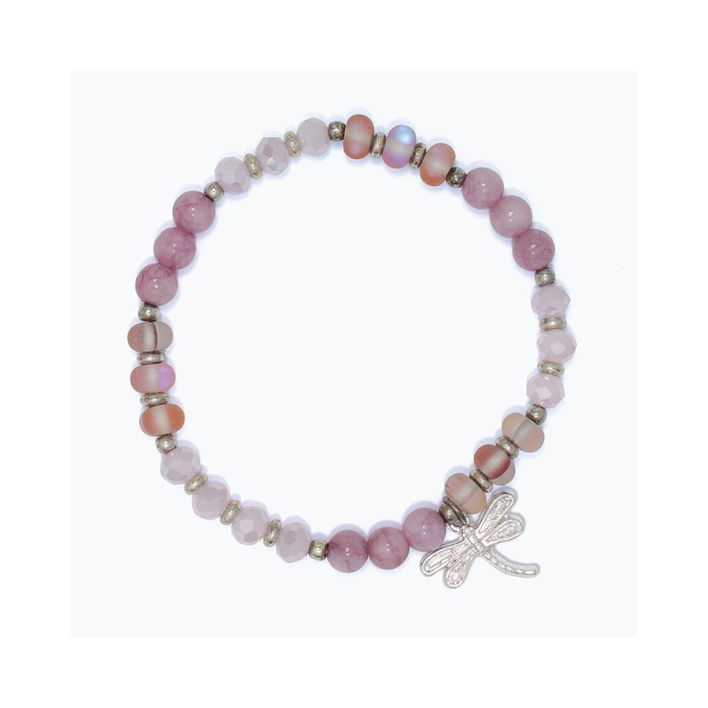 Lilac Beaded Stretch Bracelet with Dragonfly Charm