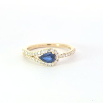 Pear Sapphire Ribbon Ring in 14K Yellow Gold .29ctw Diamonds