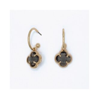 Gold Tone Smoky Gray Clover Hoop Dangle Earrings