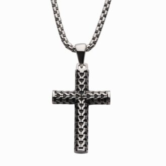 Inox Men's Steel Scale Cross Drop Pendant with Bold Box Chain. 22 inch long.