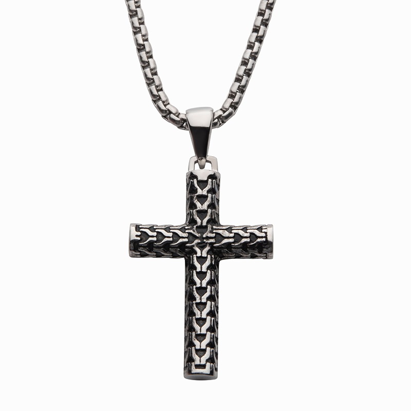 Inox Men's Steel Scale Cross Drop Pendant with Bold Box Chain. 22 inch long.