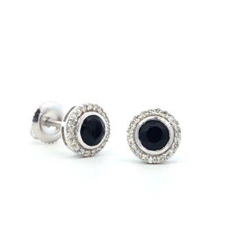 Black Onyx Halo Stud Earrings with 1/6ctw Diamonds