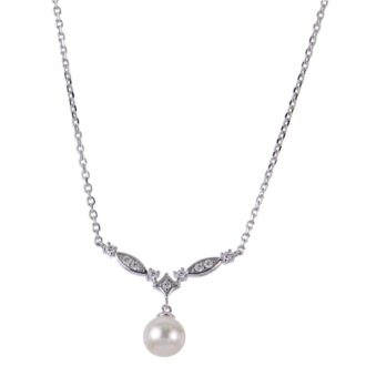 0.11ctw Diamond & 6-6.5mm Freshwater Pearl Necklace 16-18"