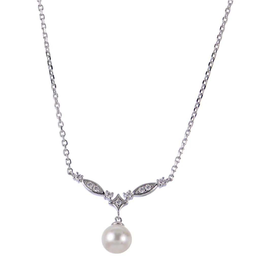 0.11ctw Diamond & 6-6.5mm Freshwater Pearl Necklace 16-18"