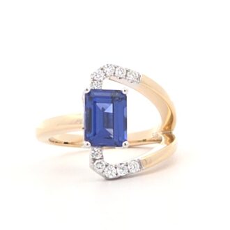14k Two-Tone Ring w/ Lab Blue Sapphire & .18ctw LG Diamonds