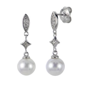 Sterling Silver Freshwater Pearl & Diamond Drop Earrings