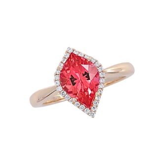 Halo Fashion Ring with Flame Lab Grown Ruby and .13ctw Round Diamonds in 14k Yellow Gold