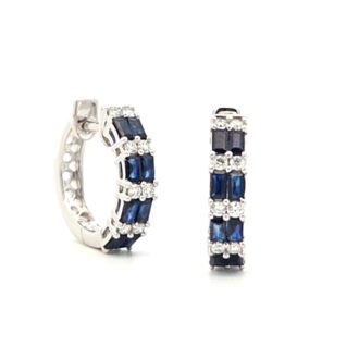Blue Sapphire & 1/4ctw Diamond Huggie Hoops 14k White Gold