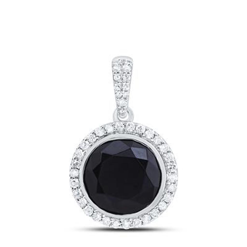 Black Onyx Halo Drop Pendant 1/4ctw Diamonds Sterling Silver