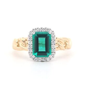 14k Two-Tone Diamond Halo Ring with Emerald-Cut Lab Emerald