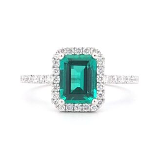 14k White Gold Halo Ring with Lab Emerald & .43ctw Diamonds